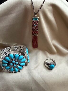 Plunder Turquoise Silver-Tone Bracelet, & Pendant Set Ring size 10 set 7
